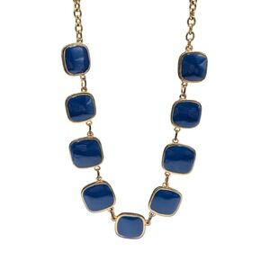 Vintage Blue Enamel Necklace Gold Tone Square Links Adjustable Chunky Statement